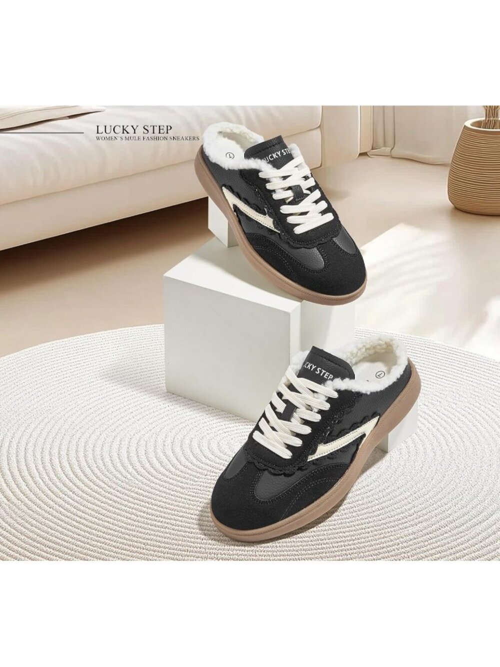 Women’s Black/White Fashion Backless Casual Open Back Non Slip Retro Sneakers - Picture 3 of 6